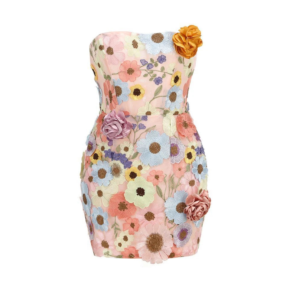 Women's 3D Floral Embroidery Backless Sleeveless Mini Dress Self Tie Evening Gown Elegant Short Dress for Party Cocktail Wedding