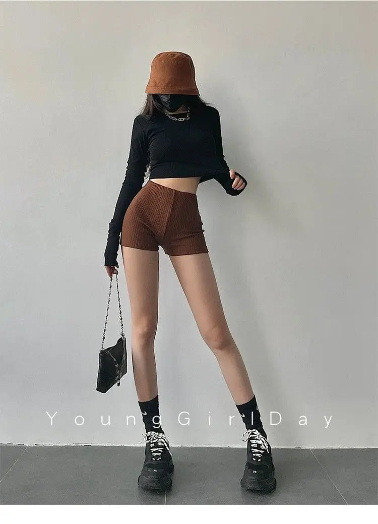 American Style Shorts Women High Waist Sheath Stretch Solid Knitting Hot Trousers Sexy Spice Girls Summer Simple Sporty Casual