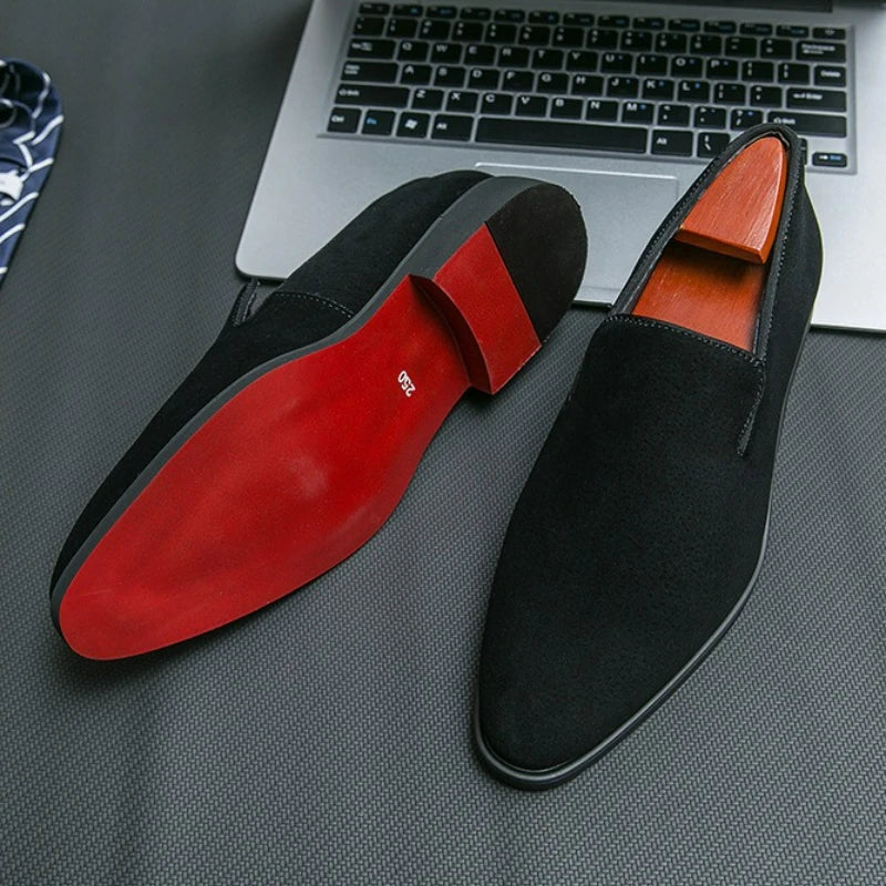 Men's Shoes Suede Leather Shoes Fashion Business Office Dress Shoes Brown Slip on Casual Shoe Red Sole Pointed Toe Male Loafers