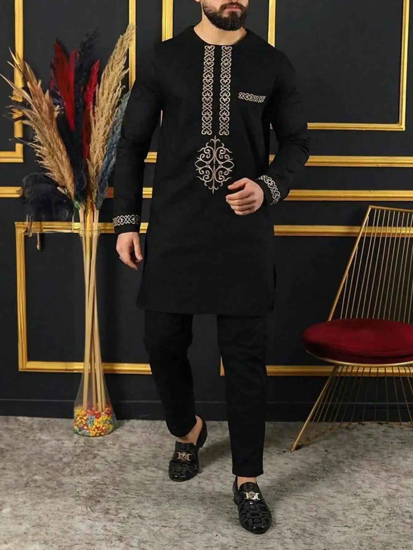 Kaftan Men's Suit African Ethnic Style Long Sleeve Embroidered Suit Men's Traditional Clothing 2-piece Suit