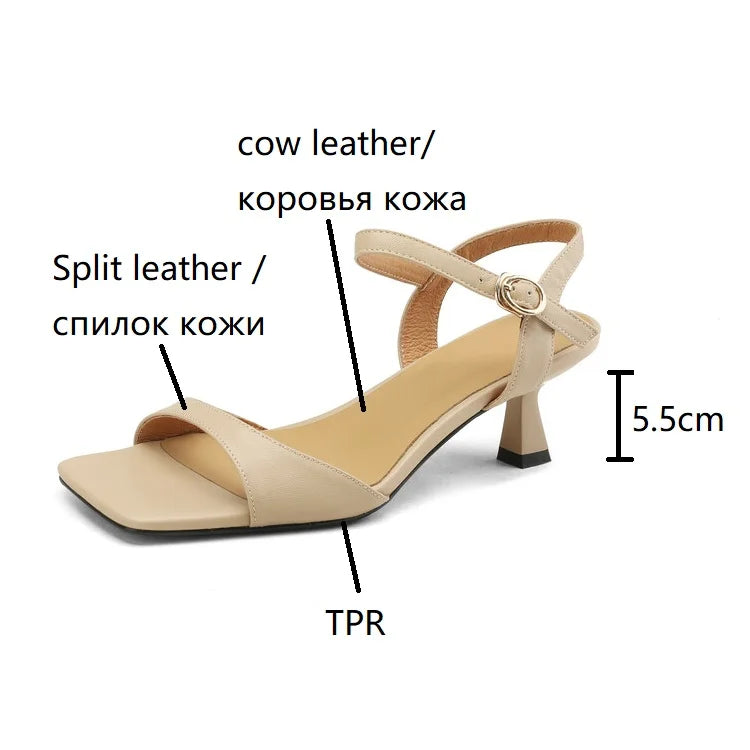 2025 Summer Sandals Women Shoes Open-Toe Thin Heel Women Sandals Split Leather Square Toe Shoes for Women High Heels Handmade
