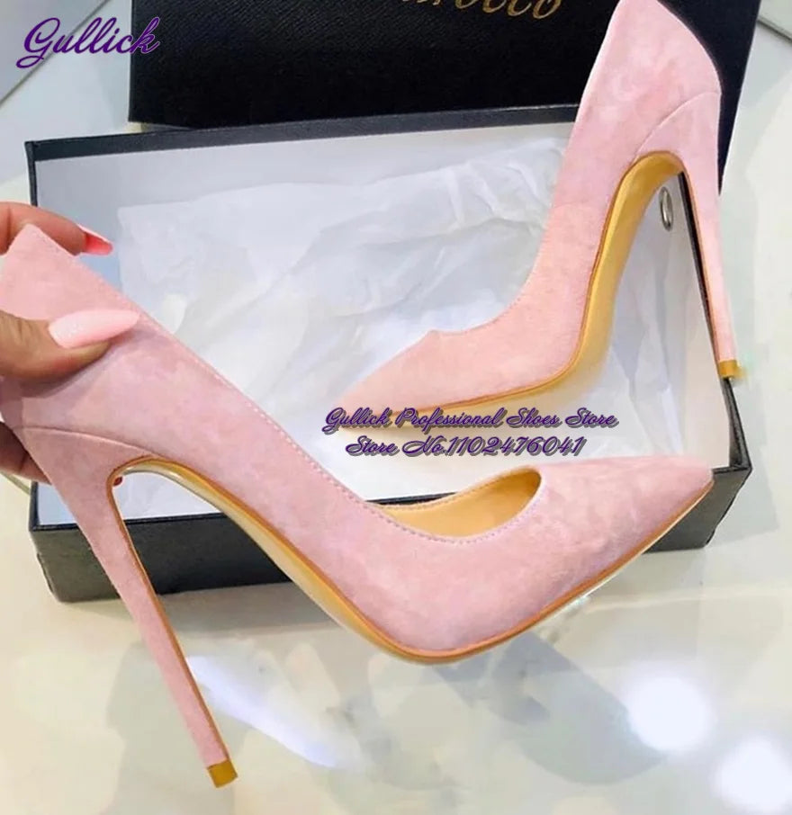 Gullick Women Hot Pink Suede High Heel Shoes 12Cm 10Cm 8Cm Stilettos Slip-On Pointed Toe Wedding Shoes Shallow Pumps Size45