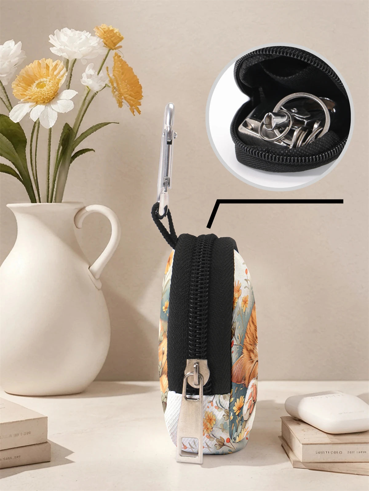 Cat pattern printed mini wallet, lightweight zipper change bag with hook clip, headphone key bag, suitable for both men and wome