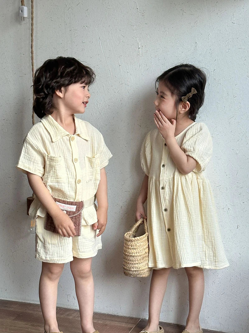 Children's Summer Clothing Set Boys' Short Sleeve Shirt Shorts 2pcs Casual Suit Girls' Solid Color Dress Sister Brother Outfit