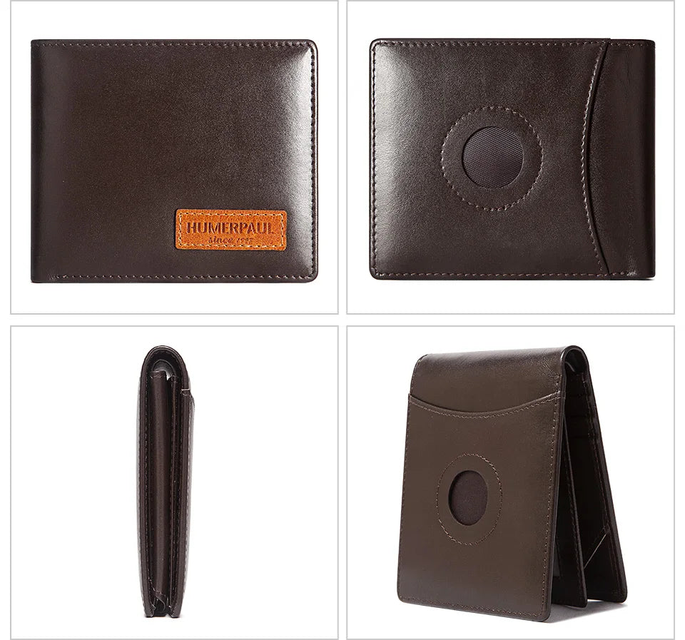 HUMERPAUL Airtag Wallet For Men Real Leather RFID Trifold Card Holder Case with ID Window Slim Anti-lost Purse