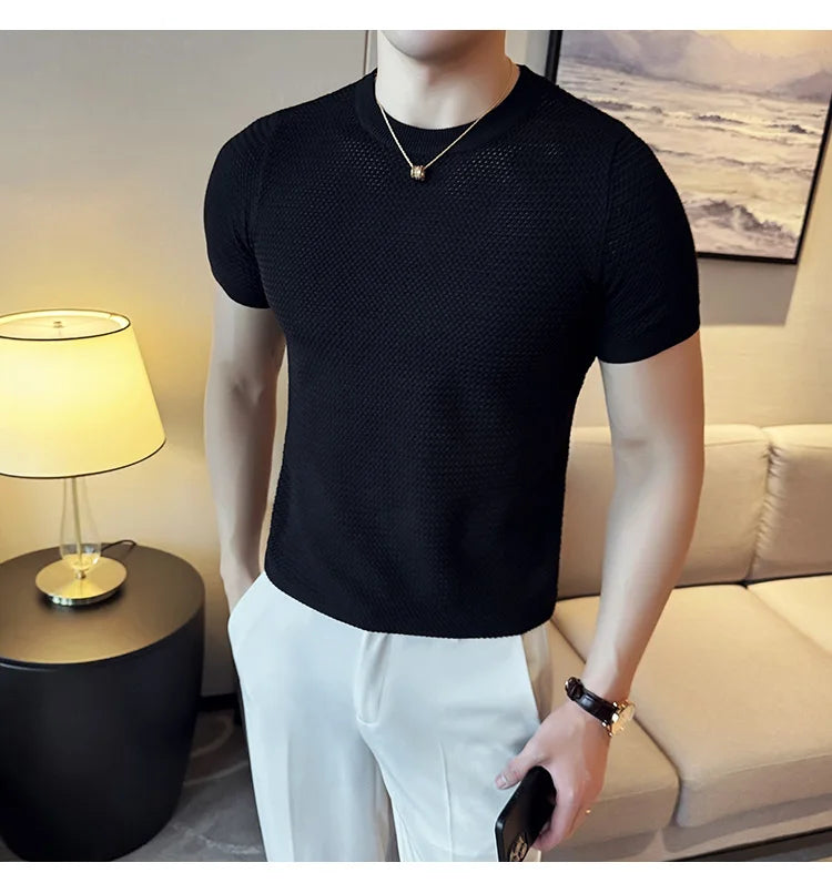 Summer Breathable T-Shirts For Men Korean Luxury Clothing O-Neck Short Sleeve Knitted Men's T Shirt Fashion Hollow Tops&Tees 3XL