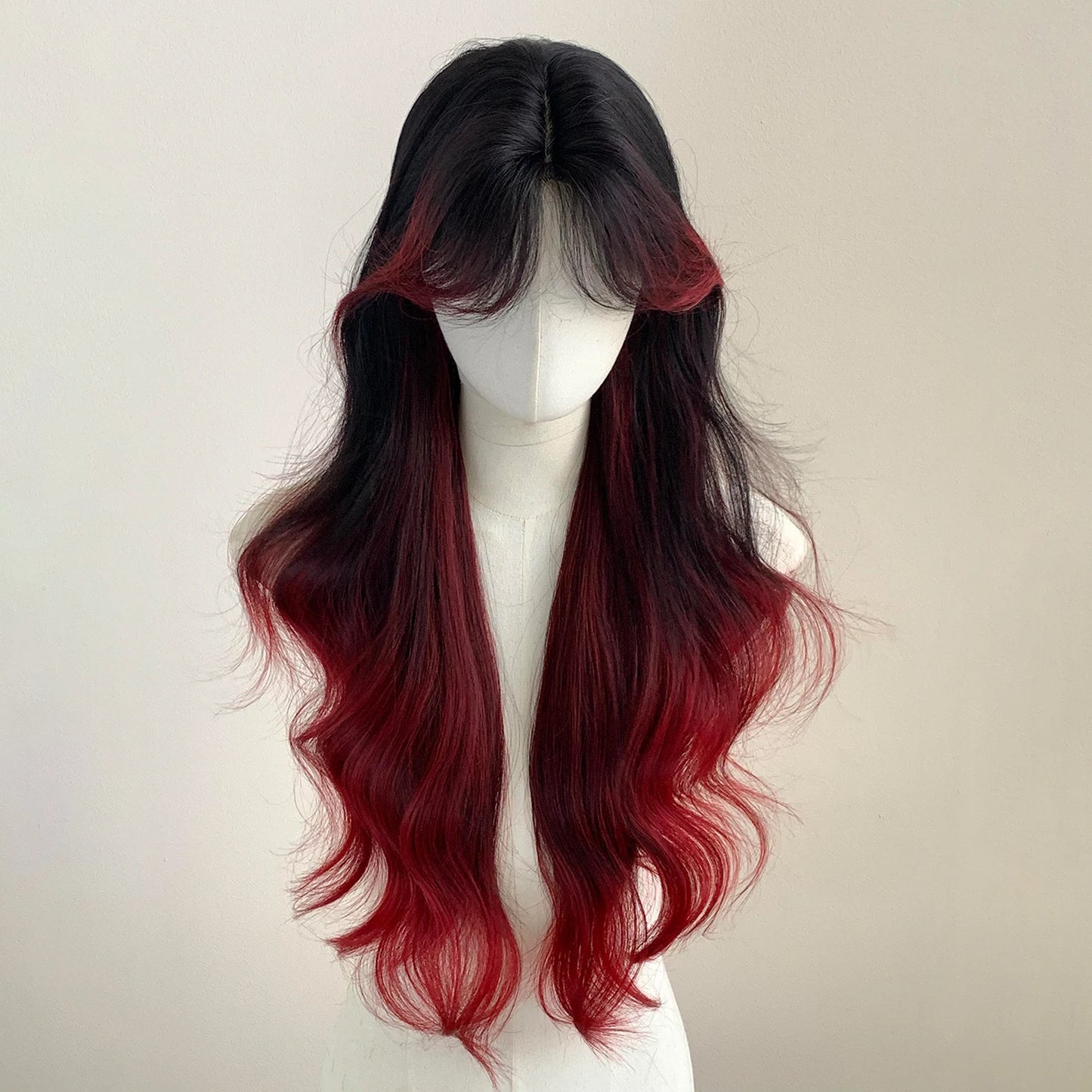 Red Black Ombre Wig Paris Female Long Curly Hair Lace Front Headband Wig Lolita Heat Resistant Synthetic Wigs for Daily Use