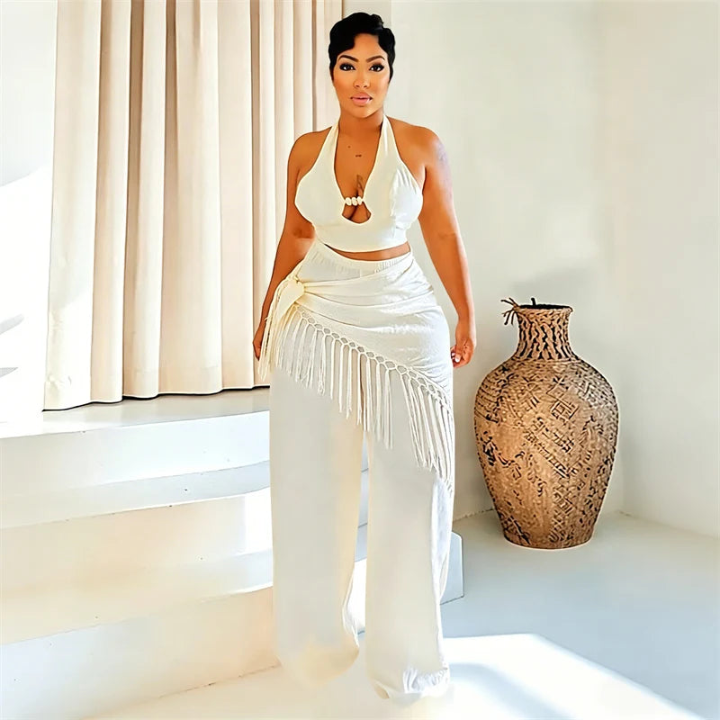 Sexy Two Piece Sets Woman Festival Outfit Birthday Club Party Bandage Halter Backless Crop Top and Tassel Pants Matching Sets