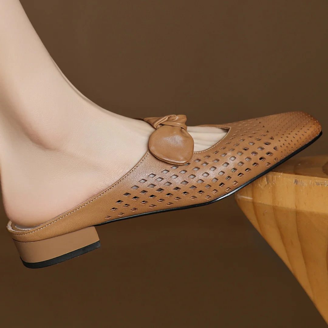 2025 Summer new plus size 34-41 women's hollow-out cow leather slip-on flats summer slides sandals sweet bowtie elegant mules