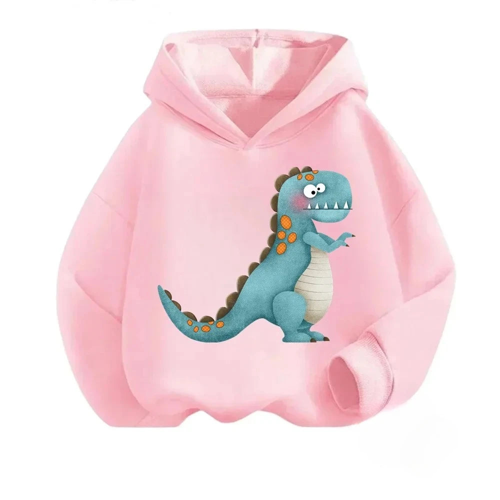 New Cartoon Dinosaur Print Children's Hooded Sweatshirt Boy Girl Autumn Winter Daily Outdoor Casual Wear Loose Warm Sportswear BAZAARHUBO