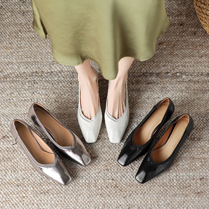 【JOCHEBED HU】Brand Genuine Leather Square Toe Women Pumps Slip Mid Heels Solid Color Dress Party Spring Autumn Shoes Handmade