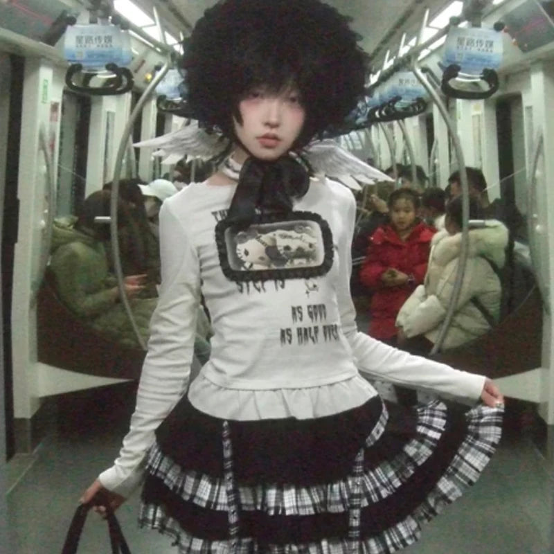 Karrram Japanese Y2k Anime Print T-shirt Trashy 2000s Style Long Sleeve T Shirt Vintage Harajuku Lace Patchwork Tops Grunge 90s