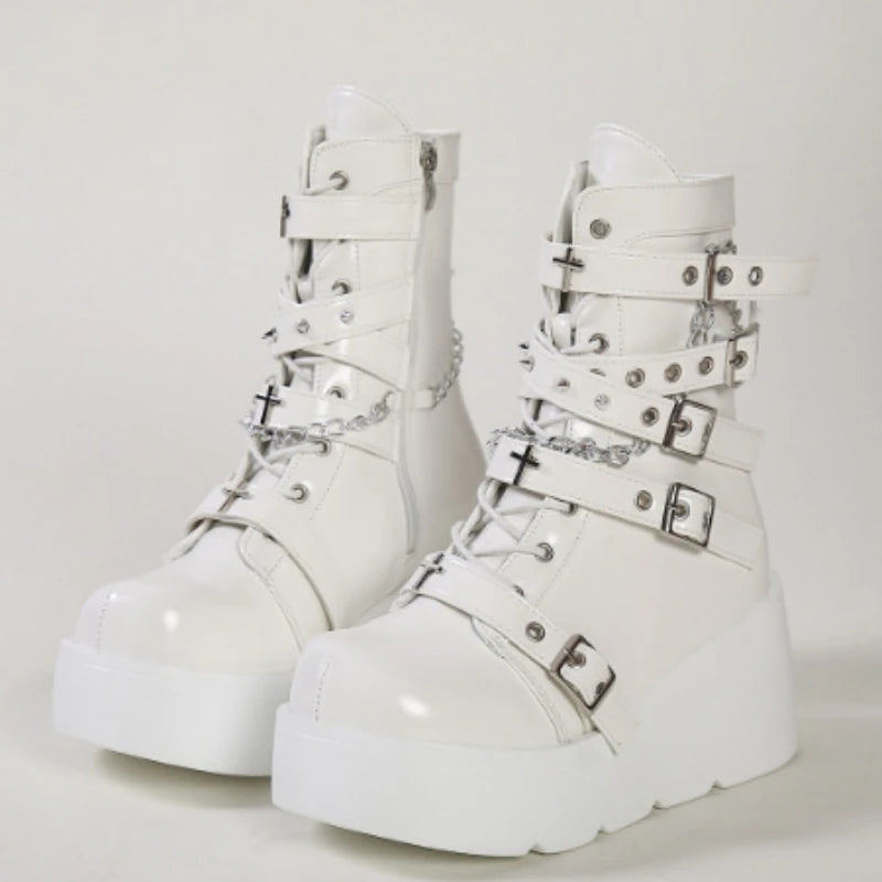 New Gothic Style Platform Vampire Cosplay Women Mid-calf Boots 2025 Winter Wedges Comfy Women Motorcycle Boots Shoes
