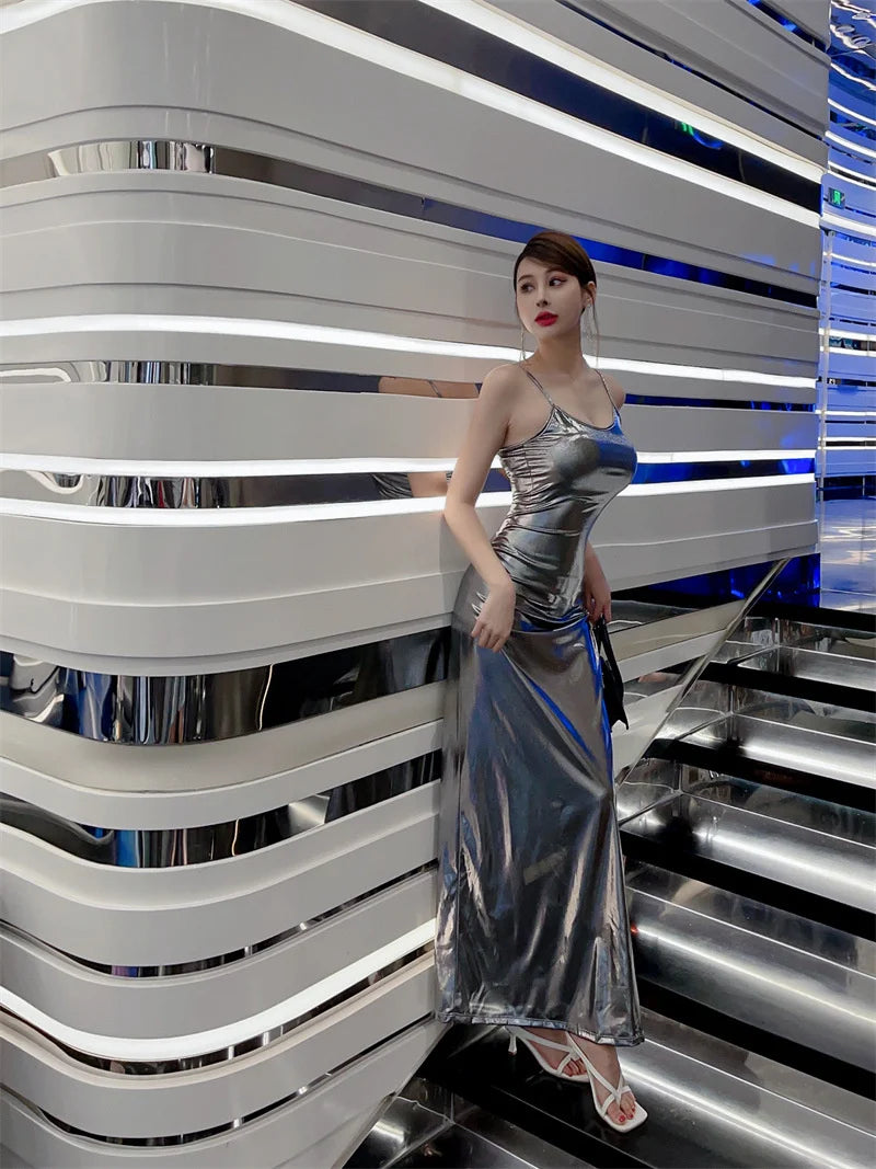 Sexy Style Light Luxury Spicy Girl Liquid Bright Female Korean Indie Style Silver Dress Elegant Party Fashion TemperamentBMI6