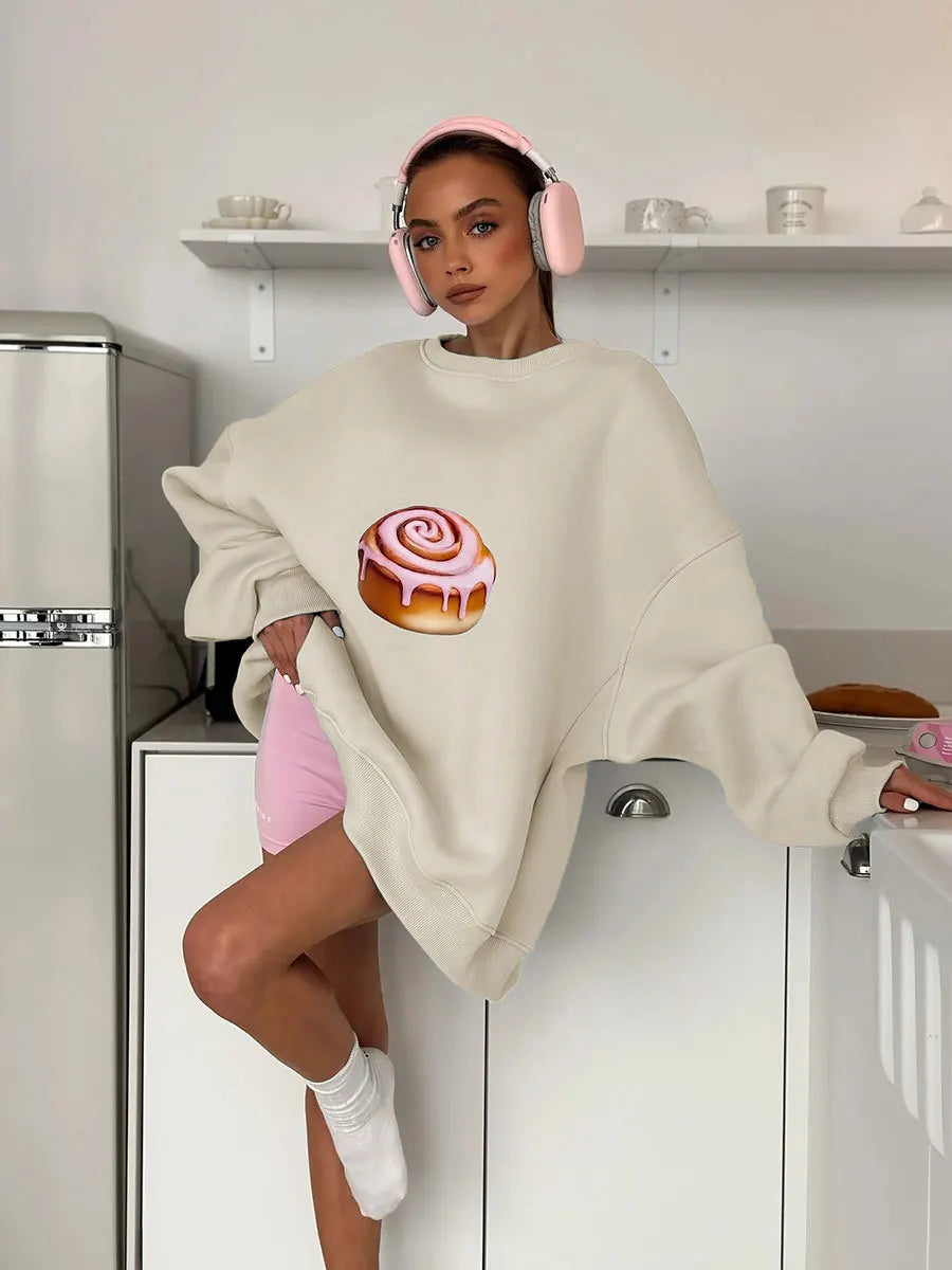Sumuyoo Cake Printed Pullover Women's New Autumn Winter Plush Loose Slimming Long Sleeves Sweatshirts O-neck Pullover Hoodie