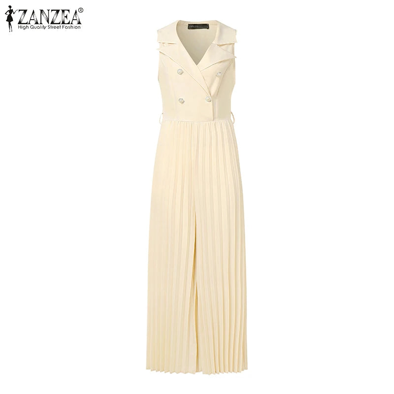 Fashion Women Jumpsuits 2026 ZANZEA Summer Rompers Elegant Wide Leg Work OL Overalls V Neck Sleeveless Pleated Playsuit Trousers