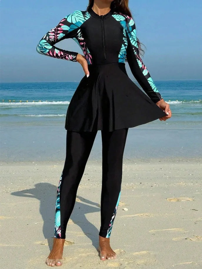 Burkini Femmes Swimwear Long Sleeve Black Tunic Swimsuit Full Leggings Front Zipper Swimming Suit Sun Protection Two Piece