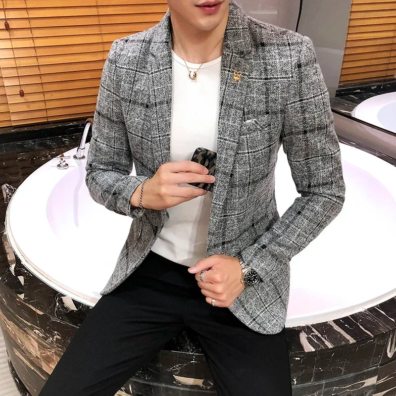 Spring and Autumn New Boutique Japanese Style Print Stand Collar Mens Casual Jacket Slim Male Coat Male Plaid Suit Jacket Blazer