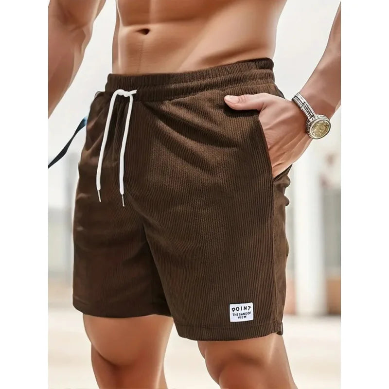 Men's Workwear Shorts Summer Casual Corduroy Loose Elastic Waist Multi-Pocket Leisure Pants Embroidery Retro Style Male Trousers