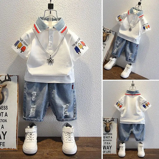 Boys 2025 Summer Outfit T-Shirt and Jeans Korean Polo Fashion 2PCS Casual Clothing Korean Reviews Top Toddler Kids Clothes Sets