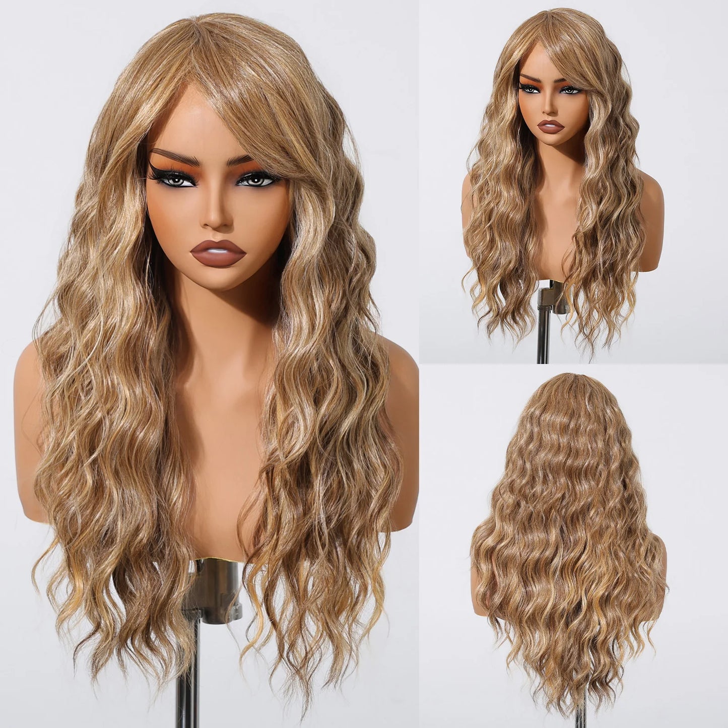 EASIHAIR Dark Brown Long Curly Synthetic Wig with Bangs Brown Women's Wigs for Cosplay Daily Use Heat Resistant Natural Hair