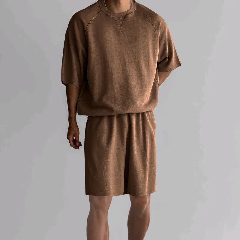 New 2026 Summer Men's Two Piece Sets Casual Loose Short Sleeve O Neck Tees and Shorts Tracksuits Men Stylish Solid Color Suits
