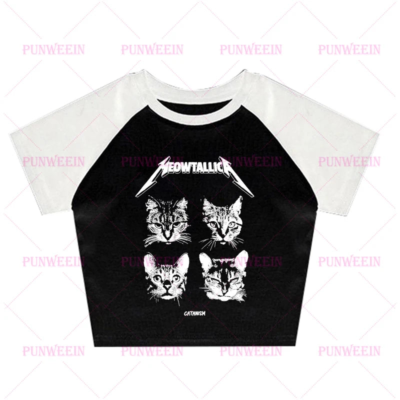Punk Subculture cat Graphic print vibe Women Slim crop top Gothic band Vintage Baby Tees Sexy vest 90s Y2k vibe Style Streetwear