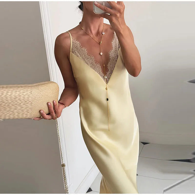 Summer Satin Lace Spliced Long Dress Women V Neck Sleeveless Waist Cinching Strap Dresses 2026 Lady Casual Solid Party Robe