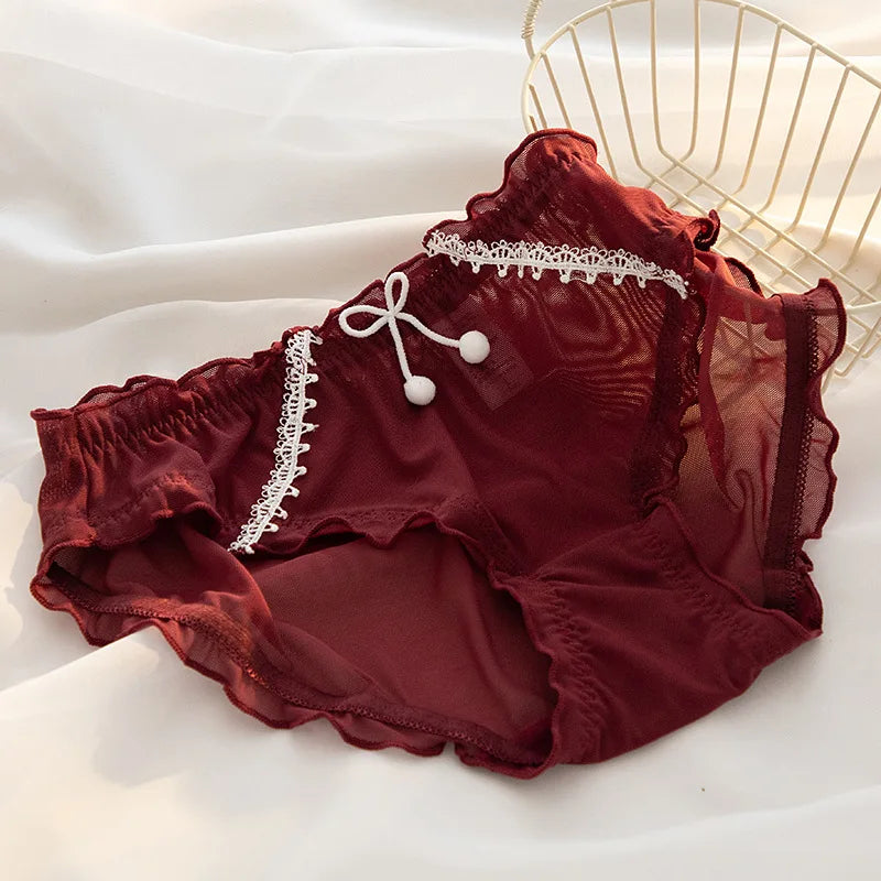 L-XL Women's Underwear Panty Sexy Lace Panties Bowknot Wine Red Brief Med Waist Seamless Underpants Female Lingerie Panties