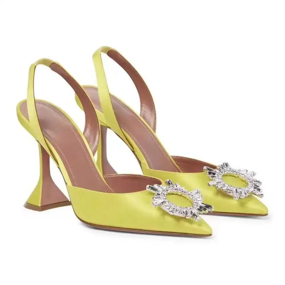 Large 43 Blue Women's High Heels Silk Satin Pointed Toe Rhinestone Crystal Heels Slip on Women's Wedding High Heels Sandals 2026