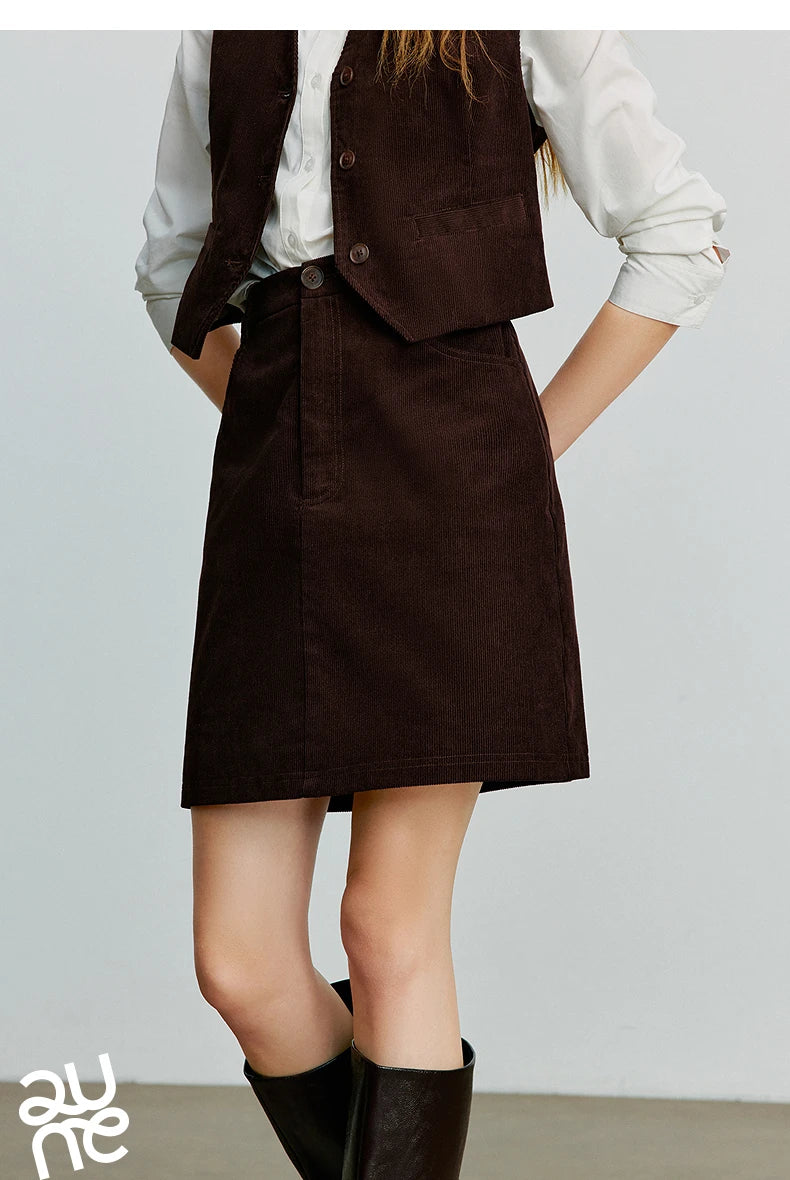 TOYOUTH Women Midi Skirt 2025 Autumn New Retro Corduroy Elastic Waist Pure Cotton A Line Mini Skirt