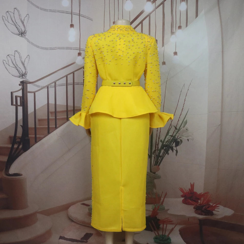 Fashion Suit African Dresses for Woman Rhinestone Turkey Dresses for Women Luxury High Quality Mesh Fabric African Beaded Dress
