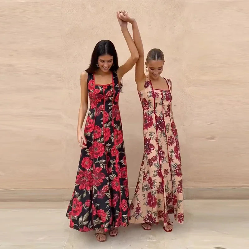 Sexy Printed Flower Long Women's Dress Sleeveless Waist-Closed Slash Neck Lady Dresses Summer Sling Vacation Holiday Robe