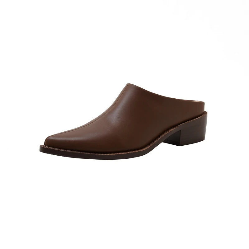 Kaky's New Pointed Cow Tied Leather Thick Heel Medium Heel Large Women's Slippers, Wrapped Half Slippers, Muller Shoes