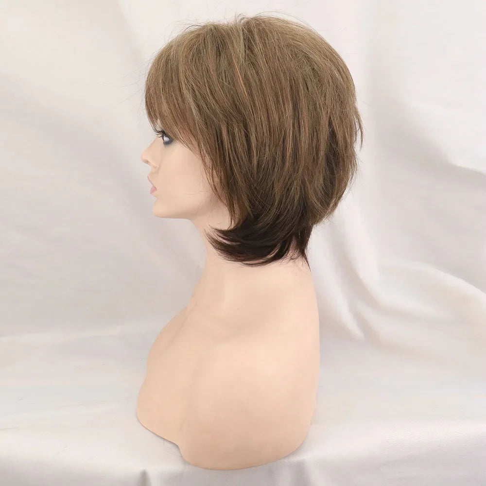 Short Brown Bob Wigs for Women Mixed Blonde Synthetic Natural Hair Wig