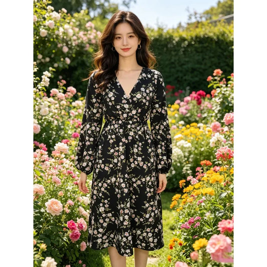 Women Floral Midi Dress Black Wrap V Neck Puff Long Sleeve High Waist Slim Elegant Vintage Print Dress Ladies Casual Dress
