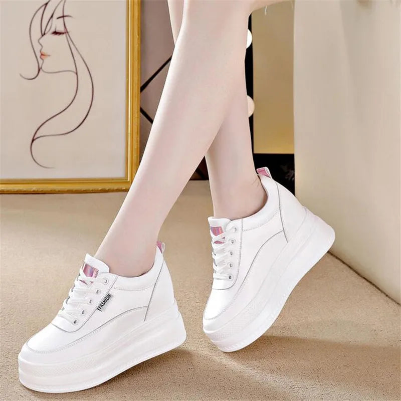 New Spring Autumn White Hidden Wedge Heels Casual Shoes Woman 9CM Platform Shoes Elevator High-heels Walking Sneakers Women