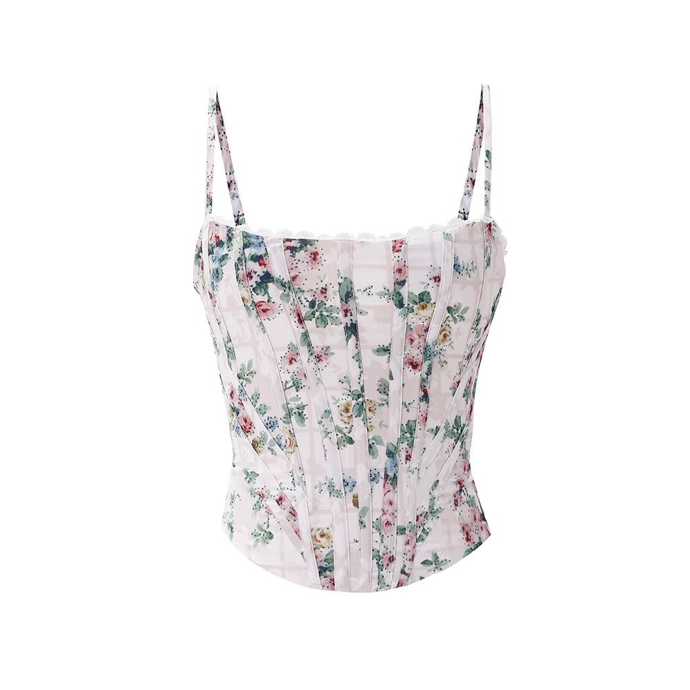 Suninheart Summer Corset Top Sexy 2025 Floral Print Camisole Vest for Women Backless Slim Fit Drawstring Top for Night Club