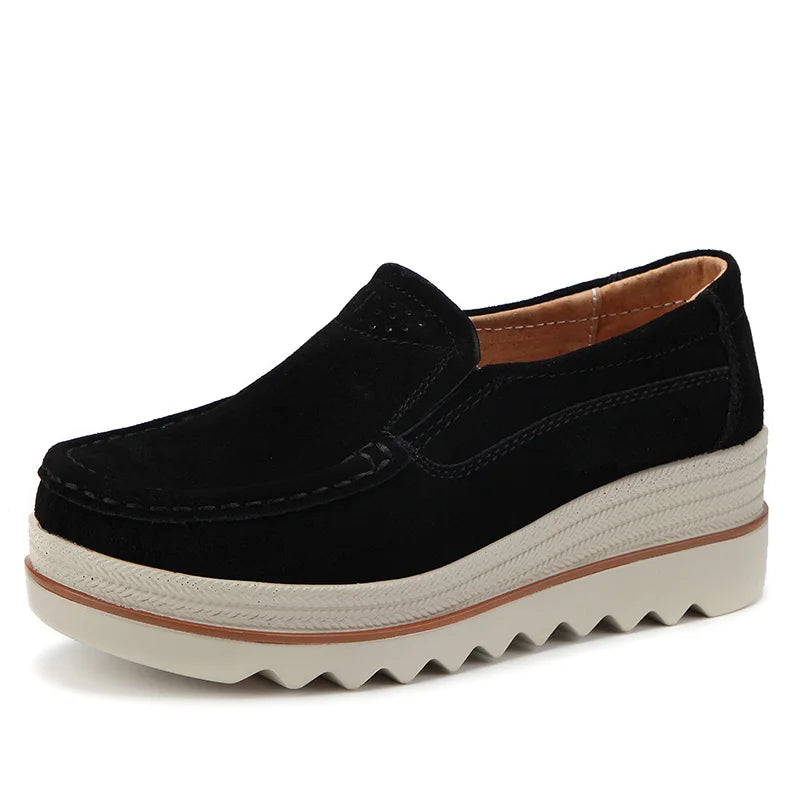 Women's Spring Autumn Genuine Leather Loafers - Fall Slip-On Round Toe Navy Platform Casual Flat Shoes