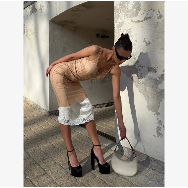 Women Sheer Mesh Overlay Midi Dress Waist Cinched Sleeveless Spaghetti Strap 2026 Summer Accessories Trendy Classy Lady Outfits