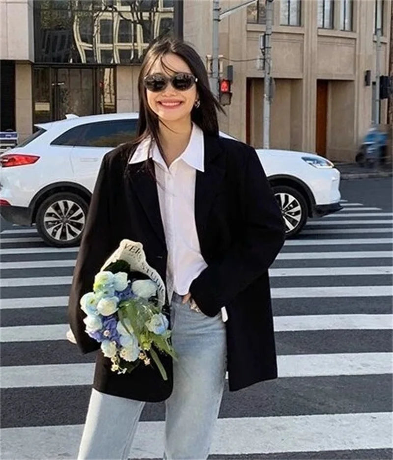 Back Slit Design Blazer Coat For Women Casual Korean Streetwear Chic Long Sleeve