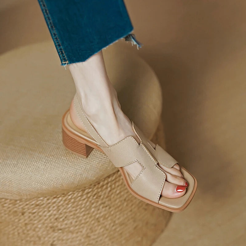 2025 Summer Women Shoes Square Toe Chunky Heel Women Sandals High Heels Ladies Shoes Casual Leather Shoes Women Genuine Leather