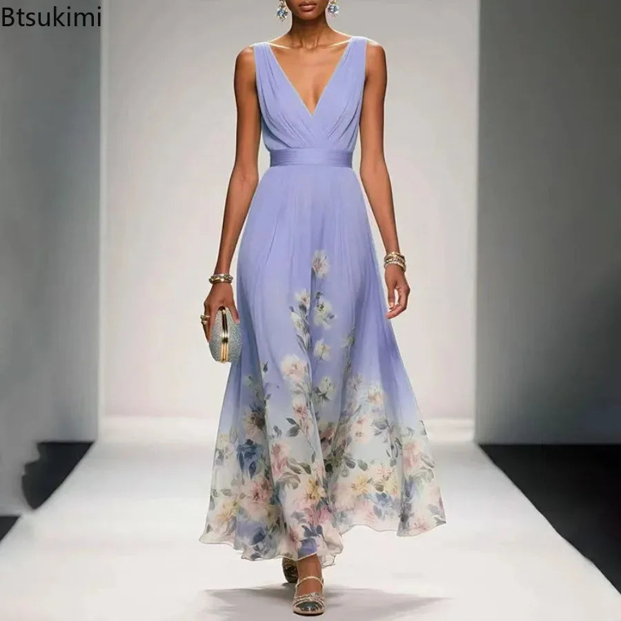 New Fashion Party Dresses Summer Women's Sexy Deep V Neck Floral Print Ruffle Sleeveless High Waist A Line Beach Dress Vestidos
