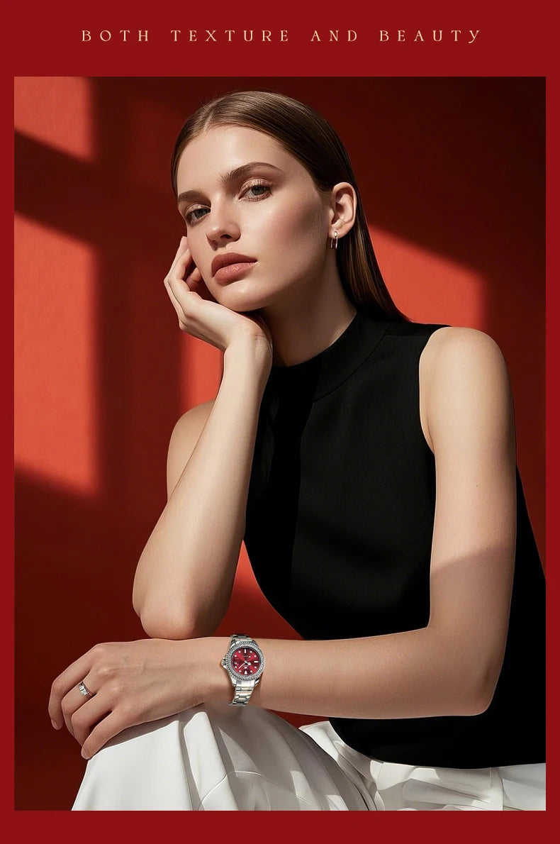 OLEVS New Elegant Women Wristwatch Waterproof Luminous Calendar Ladies Watch Stainless Steel Red Quartz Women's Watches Female