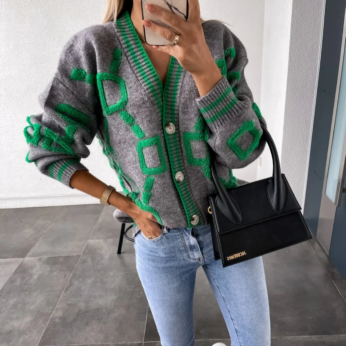 Autumn Winter Jacquard Knitted Coat Women Fashion V-neck Long Sleeve Single Breasted Knitting Cardigan Coats Female Streetwear