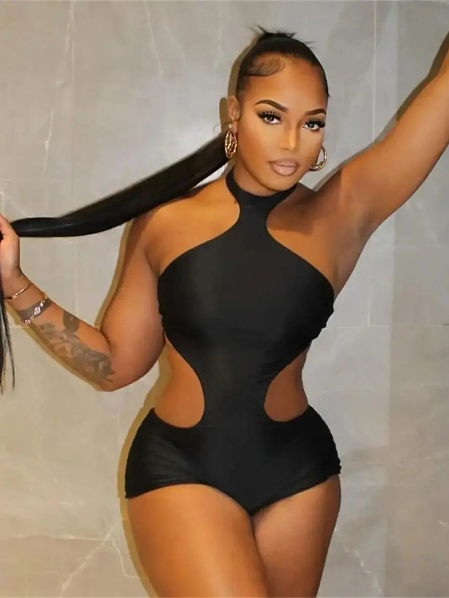 New European and American Style 2026 Women's Sexy Spicy Girl Hanging Neck Exposed Back Tight Shorts Hollow Jumpsuit Ins