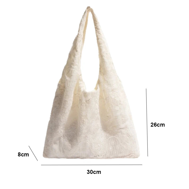 Korean Style Fresh Lace Flower Canvas Tote Bag Women's Large Capacity Single Shoulder Commuter Armpit Bag College Style