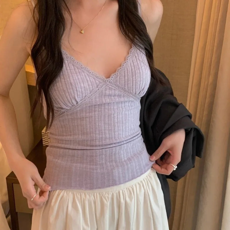 V Neck Ribbed Lace Cami Top Backless Strappy Vest with Built-in Bra Slim Fit Tank Summer Layering Undershirt Sexy Going Out Top