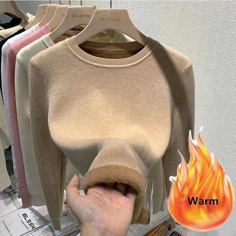 Women's O-neck Velvet Thicken Sweaters Winter Slim Warm Long Sleeve Knitted Tops Casual Plush Fleece Lined Soft Pullovers Ladies