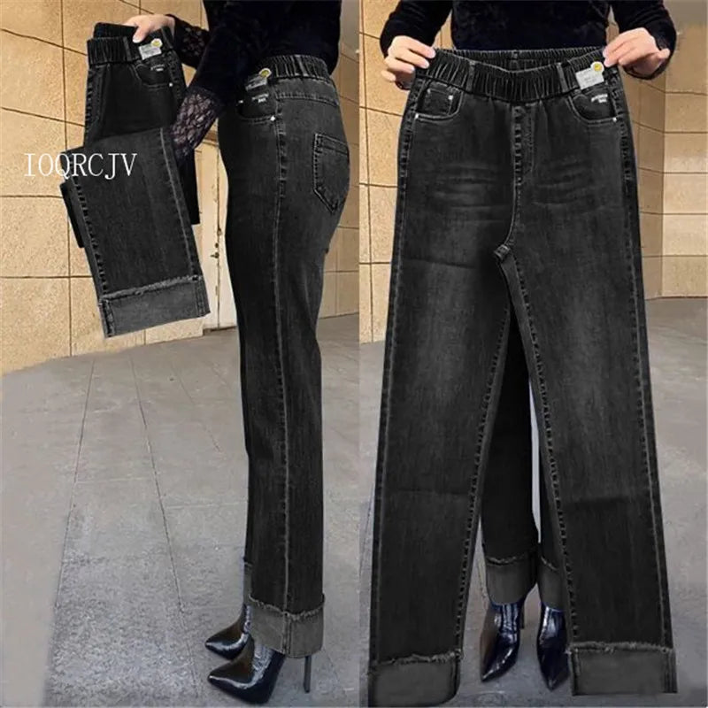 Plus Size Middle Aged Womens Jeans Elastic Waist High Waist Loose Denim Pants